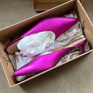 Anthropologie Metallic Fuchsia kitten heel mules